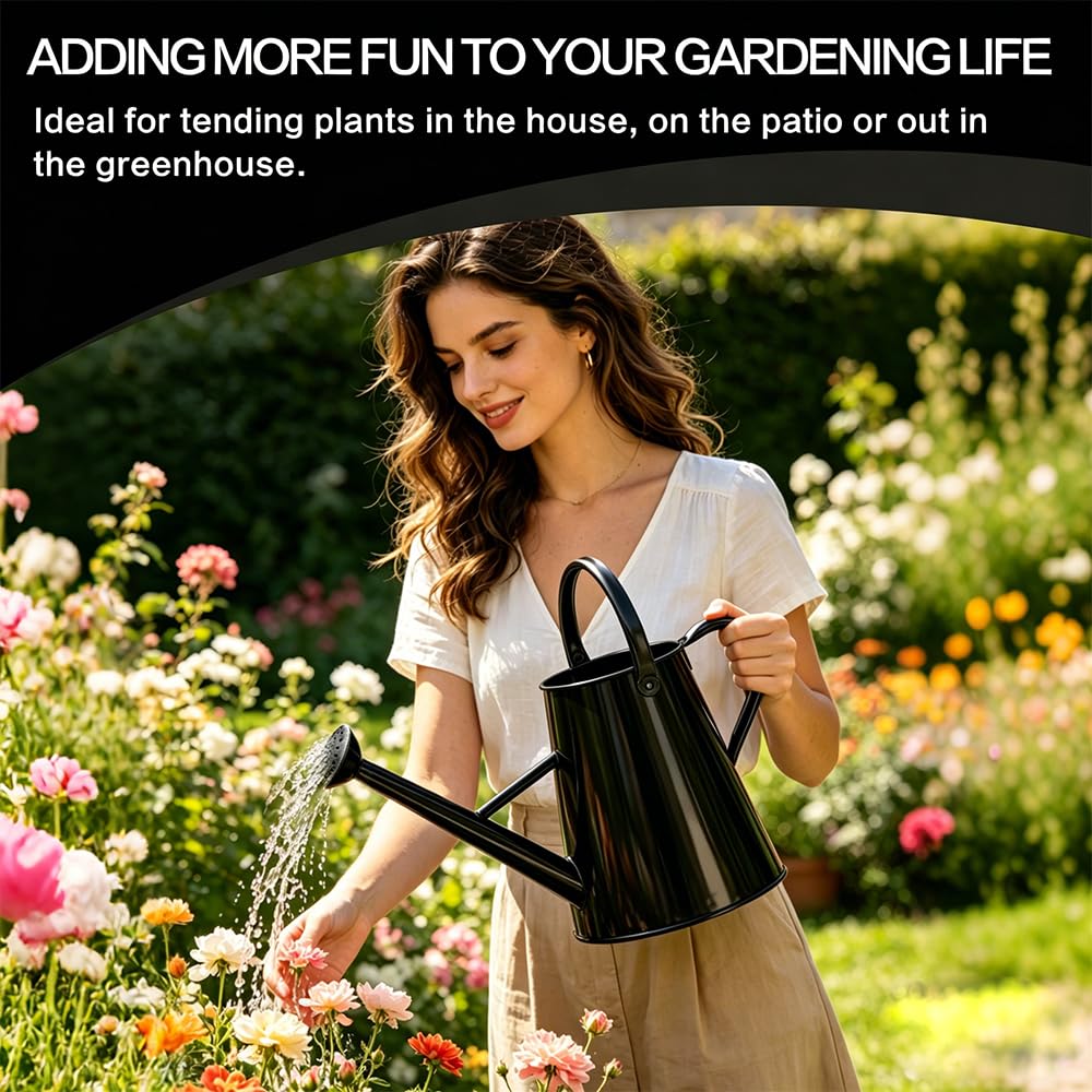 SunnyTong Metal Watering Can for Outdoor and Indoor Plants, Watering Can Decor, 1.5 Gallon（Black）