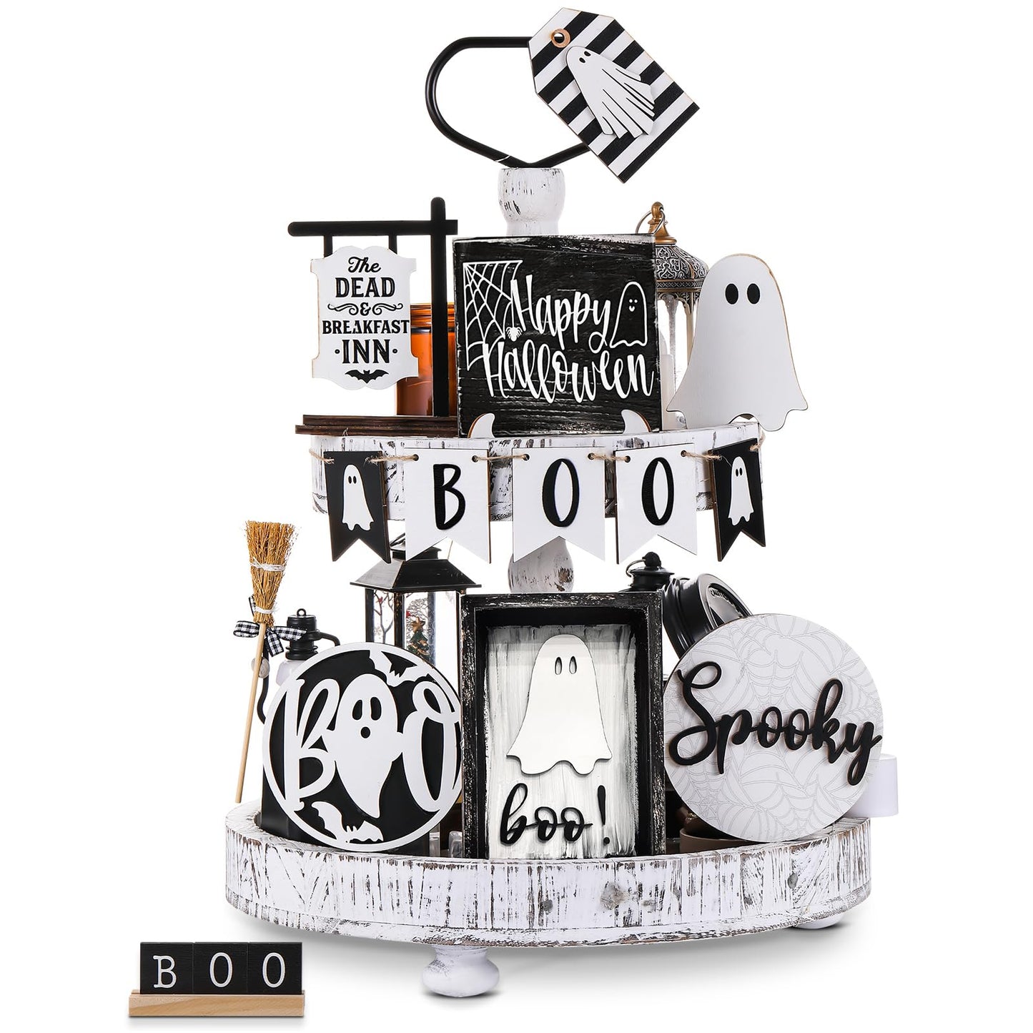 Wonderjune 19 Pcs Halloween Ghost Tiered Tray Decor Cute Boo Spooky Tray Decorations Black White Ghost Wooden Signs Mini Witch Broom Farmhouse Rustic Halloween Decorations for Home Table Office Desk