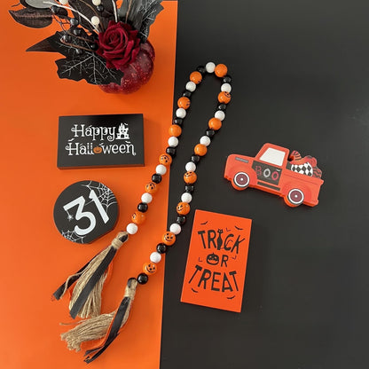 Halloween Decor, Halloween Decorations Indoor | 5Pcs Halloween Tiered Tray Decor - Boo Happy Halloween Wooden Signs and Bead Garland | Spooky Halloween Decor for Home Table
