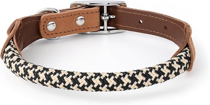 Mile High Life Genuine Leather Dog Collar, Durable Braided Cotton Rope Collar with Metal Pin Buckle for Small Medium Large Dogs (Black Khaki, M Neck 15"-18")