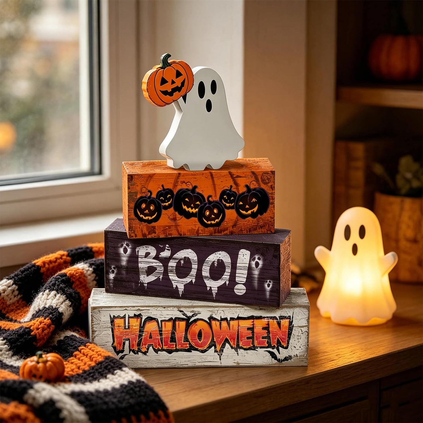 4 Pcs Halloween Decor Wooden Ghost Pumpkin Tiered Tray Decorations Rustic Farmhouse Tabletop Centerpiece Boo Wood Block Sign for Home Kitchen Shelf Mantel Office Desk