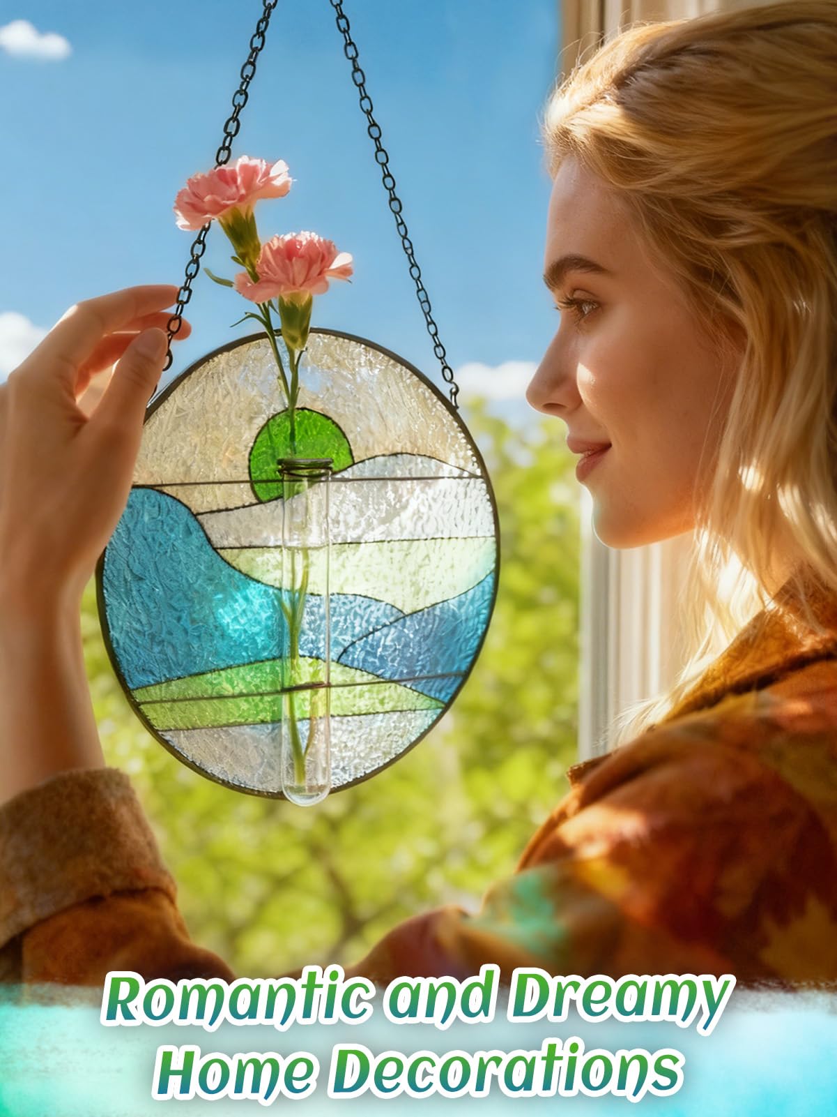 Stained Glass Propagation Stations - Sunshine Catcher Window Hanging Plant Holder, Terrariums Wall Decor for Women Mom Plant Lovers Gardening Gifts, Blue