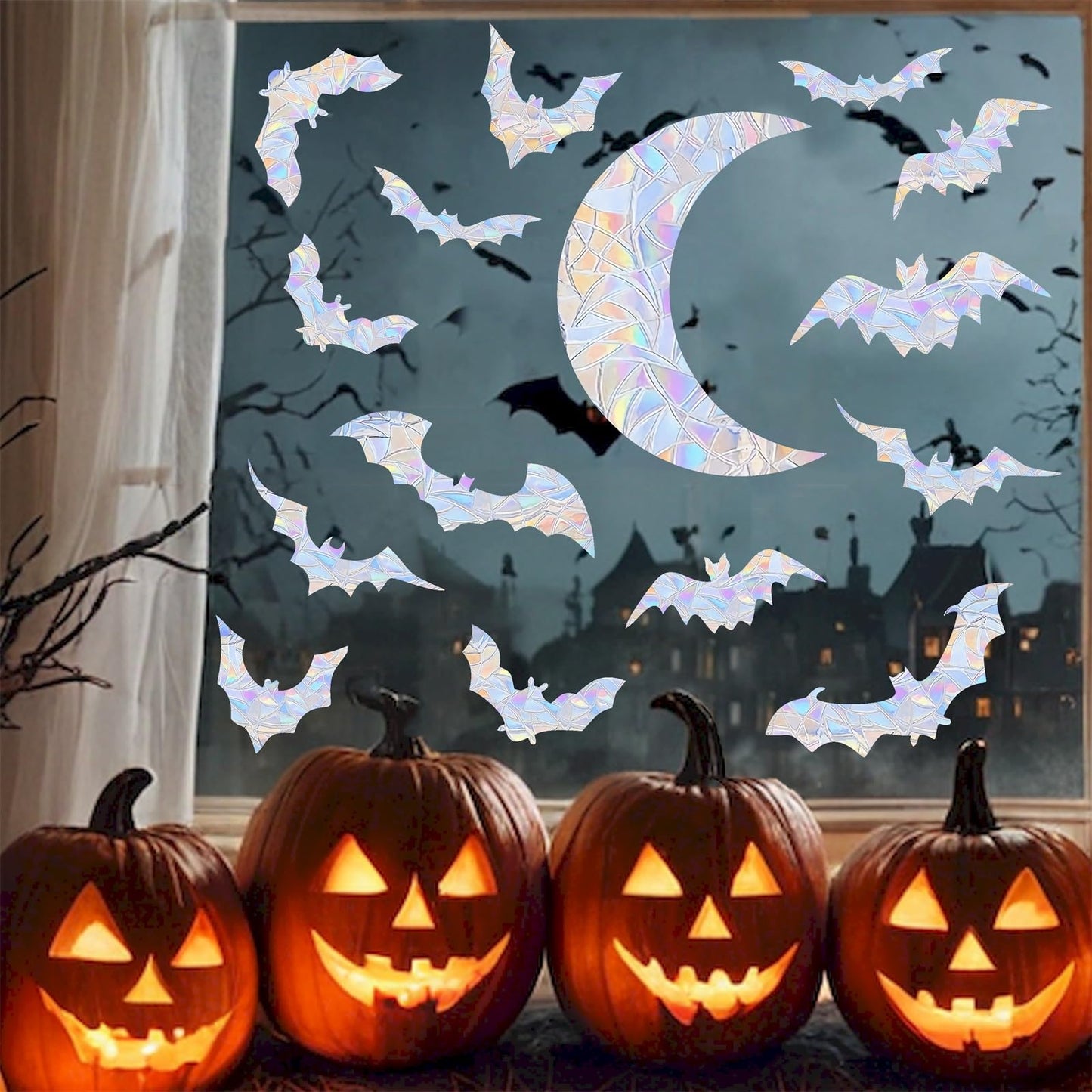Moon Bat Window Clings Halloween Static Cling for Glass Windows Vinyl Bat Window Decals Halloween Moon Bats Windows Stickers Anti Collision Windows Decals for Bird Strikes Rainbow Stickers
