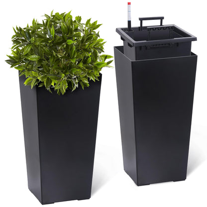 22 Inch Tall Planters Set of 2, Self-Watering Large Outdoor Indoor Planter Pots with Drainage Holes & Water Level Monitor, Planters with Inner Bucket and Movable Wheels for Patio, Front Porch, Garden