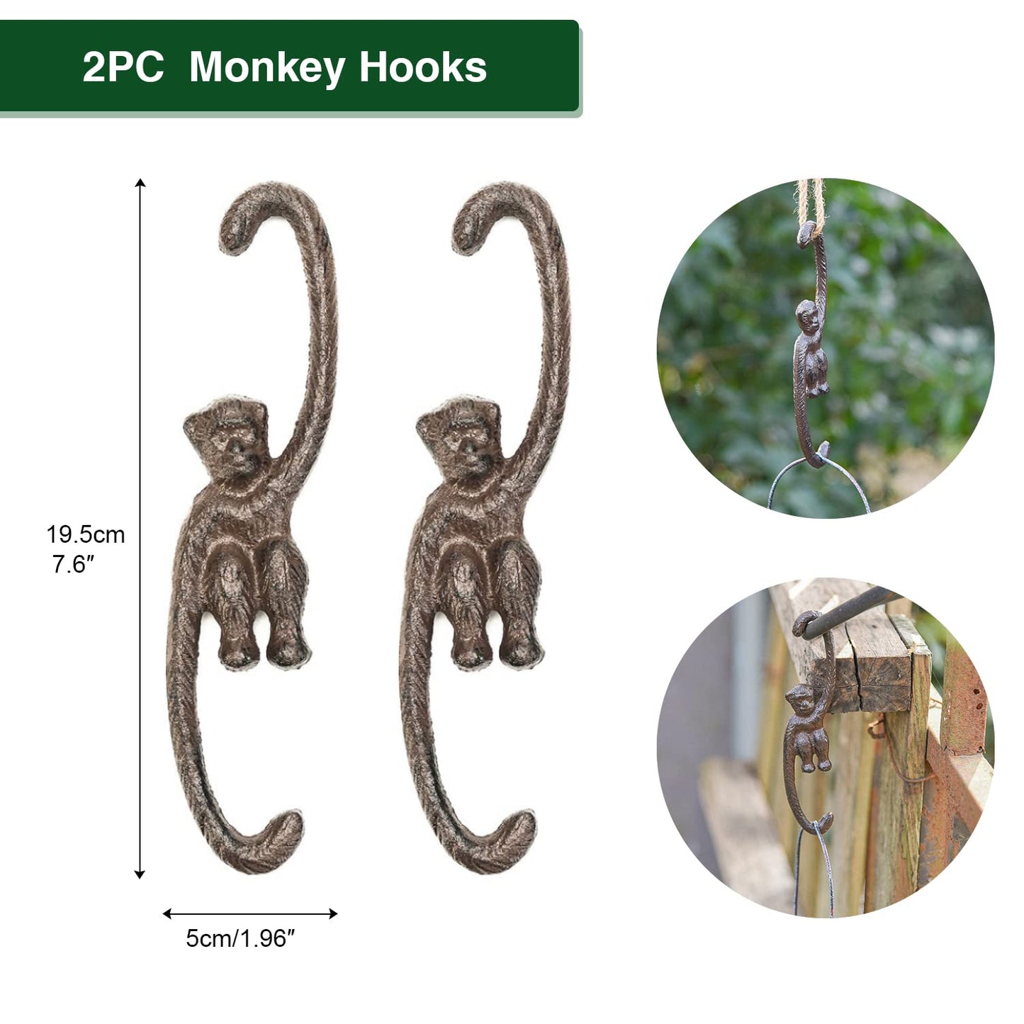 Sungmor Cast Iron Plant Hangers, 2PC Monkey Hooks, 7.9 Inch Large S Planter Hanger, Ceiling Extender Hooks for Hanging Plants, Flower Basket, Plant Pot, Macrame Plant Holder, Lantern, Windchime