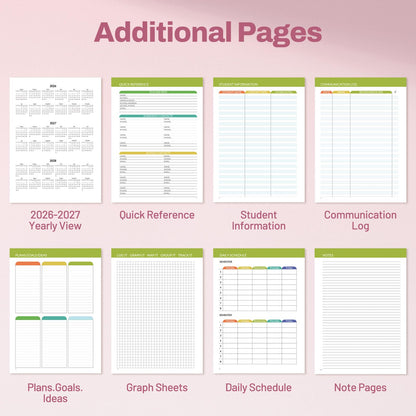 SUNEE Teacher Planner 2026-2027 Academic Year, 7 Periods Lesson Plan Book Jul 2026 - Jun 2027, 8.5"x11"Daily Weekly Monthly Organizers Horizontal Layout with Calendars, Bookmark, Tabs, Pocket, Peony