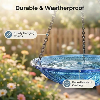 2026 Solar Cascade Hanging Bird Bath Fountain - 3 Layers Outdoor Water Feature for Hummingbirds, Easy-Clean 9.3" Glass Basin with Solar Powered Pump, Attract Wild Birds to Garden, Patio (Blue)