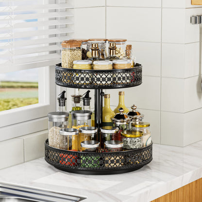 Lazy Susan Organizer 2 Tier - Turntable Spice Rack 12 inch Adjustable Metal Rotating Lazy Susan for Cabinet Pantry Kitchen Countertop Dining Table Cupboard Bathroom Vanity Storage Black