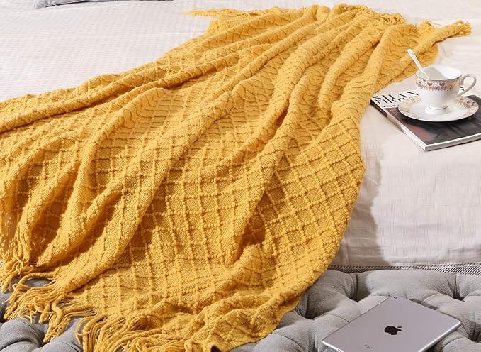 CREVENT Knitted Decorative Throw Blanket for Couch Sofa Chair Bed，Soft Warm Cozy Light Weight for Spring Summer (50''X60'' Mustard Yellow)