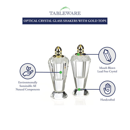 Badash Crystal Salt and Pepper Shaker Set - 4" Tall Preston Hand-Cut Optical Crystal Glass Shakers with Gold Tops - Set a Beautiful Table