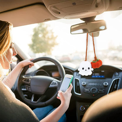 Halloween Car Ornament Crochet Pumpkin and Ghost Car Pendant for Car Mirror Upholstery Accessories, Hand Knitted Mirror Charm (2)