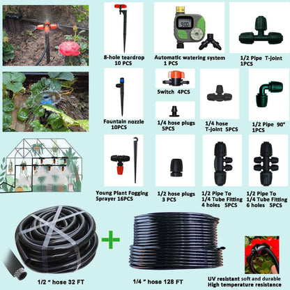160Ft Drip Irrigation System for Garden with Water Timer, Main Water Hose ID 1/2inch 32Ft, 1/4in 131Ft, Sufficient Water Pressure, Irrigation Dripper Waterflow Evenly, Easy DIY Garden Watering System