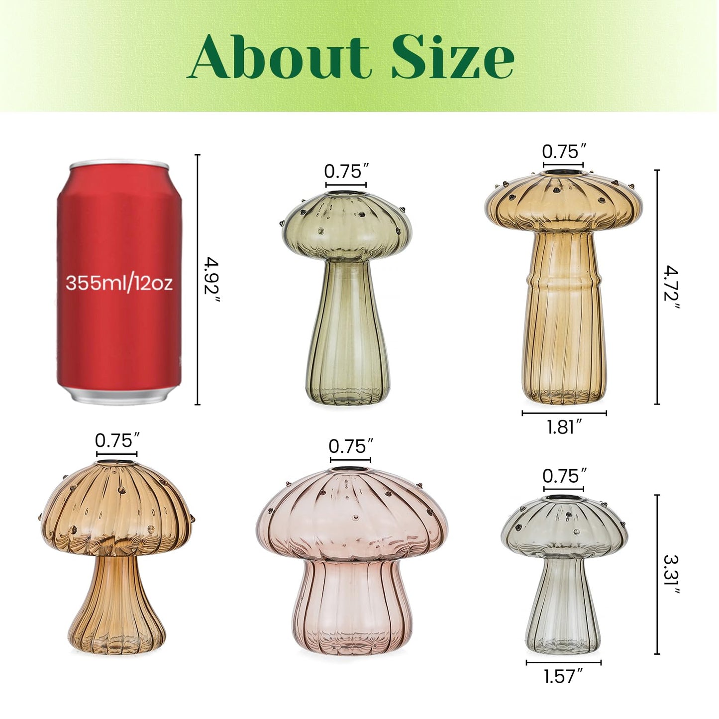 Hewory Glass Mushroom Propagation Stations: Set of 5 Unique Propagation Jars Glass Planter for Indoor Plants Home Decor - Amber Mushroom Vase Christmas Birthday Gifts for Plant Lovers Women Girls