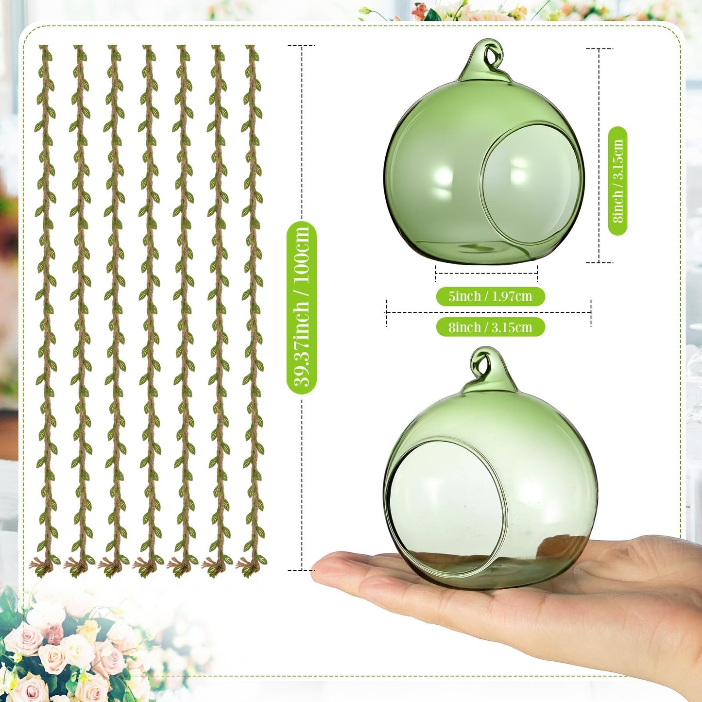 GlikCeil 13 Pcs 3.15'' Hanging Glass Candle Holder with Burlap Leaf Ribbon, Glass Orbs Air Plants Tea Light Candle Holders, Globe Plant Terrariums for Decor Indoor Outdoor Garden DIY (Green)