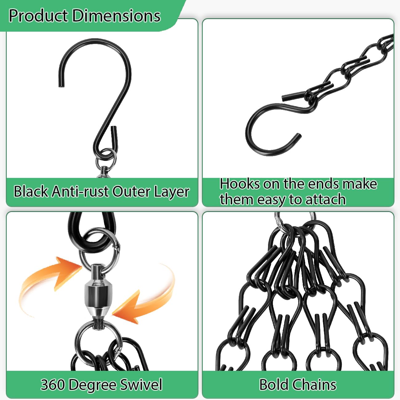 Heybe 16 inch Hanging Basket Chains 4 Point,3 Pack Thicker Chain for Hanging Plants 4 Lead, Hanging Planter Chain 4 Hooks (16 Inch-4 Point-Swivel)