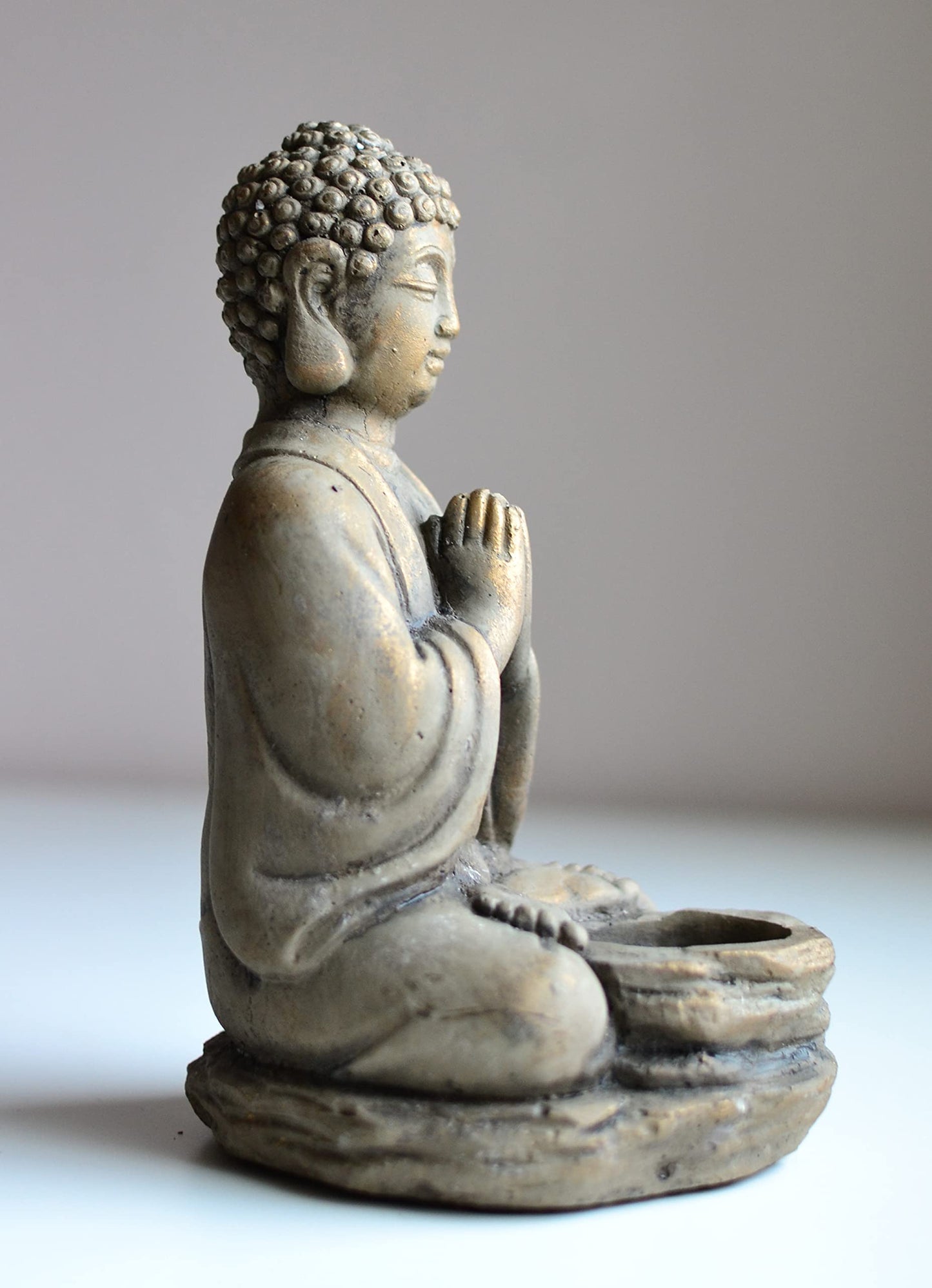 Biedermann & Sons Stone Buddha Tea Light Candle Holder – 6" W x 8" H Zen Meditation Statue, Light Gray with Gold Accents – Tealight Decor for Yoga Room, Altar, Spa, Feng Shui Home Gift