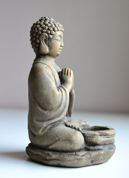 Biedermann & Sons Stone Buddha Tea Light Candle Holder – 6" W x 8" H Zen Meditation Statue, Light Gray with Gold Accents – Tealight Decor for Yoga Room, Altar, Spa, Feng Shui Home Gift