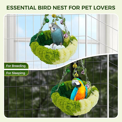 Admaison Bird Nest with Bell for Cage,Plush Hanging Bird Bed for Parakeet Indoor & Outdoor,Breeding Bird House for Conure,Budgie,Cockatiel,Lovebird,Canary,Finch,Hamster,Small Pets,Warm Nest,Green L
