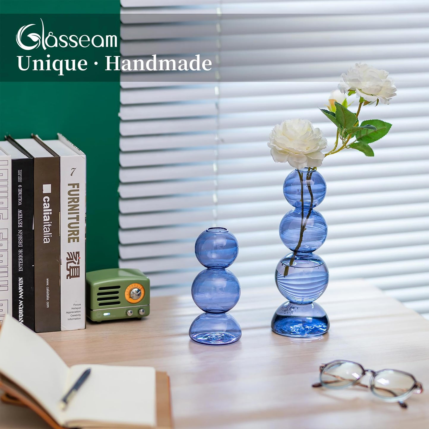 Glasseam Glass Bubble Vase, Cute Light Blue Vases for Flowers, Unique Small Flower Vases for Centerpieces, Ball Aesthetic Decorative Vase, Round Modern Vase for Home Decor Living Room Decorations