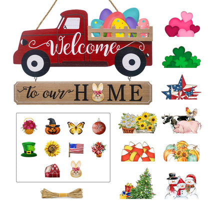 Winder 20Pcs Interchangeable Welcome Sign for Front Door,Seasonal Red Truck Decor Hanging Sign for Valentines,Easter, Independence Day,Halloween,Christmas Home Decor,Housewarming Gift