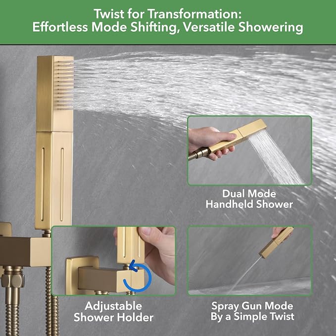 VANFOXLE Brushed Gold Shower System, Push Button Pressure Balance Shower Valve, Ceiling Mount Thick 12" Shower Head, 6" Shower Head, 2-in-1 Handheld, High Pessure Self-Cleaning for Modern Bathroom