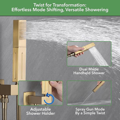 VANFOXLE Brushed Gold Shower System, Push Button Pressure Balance Shower Valve, Ceiling Mount Thick 12" Shower Head, 6" Shower Head, 2-in-1 Handheld, High Pessure Self-Cleaning for Modern Bathroom