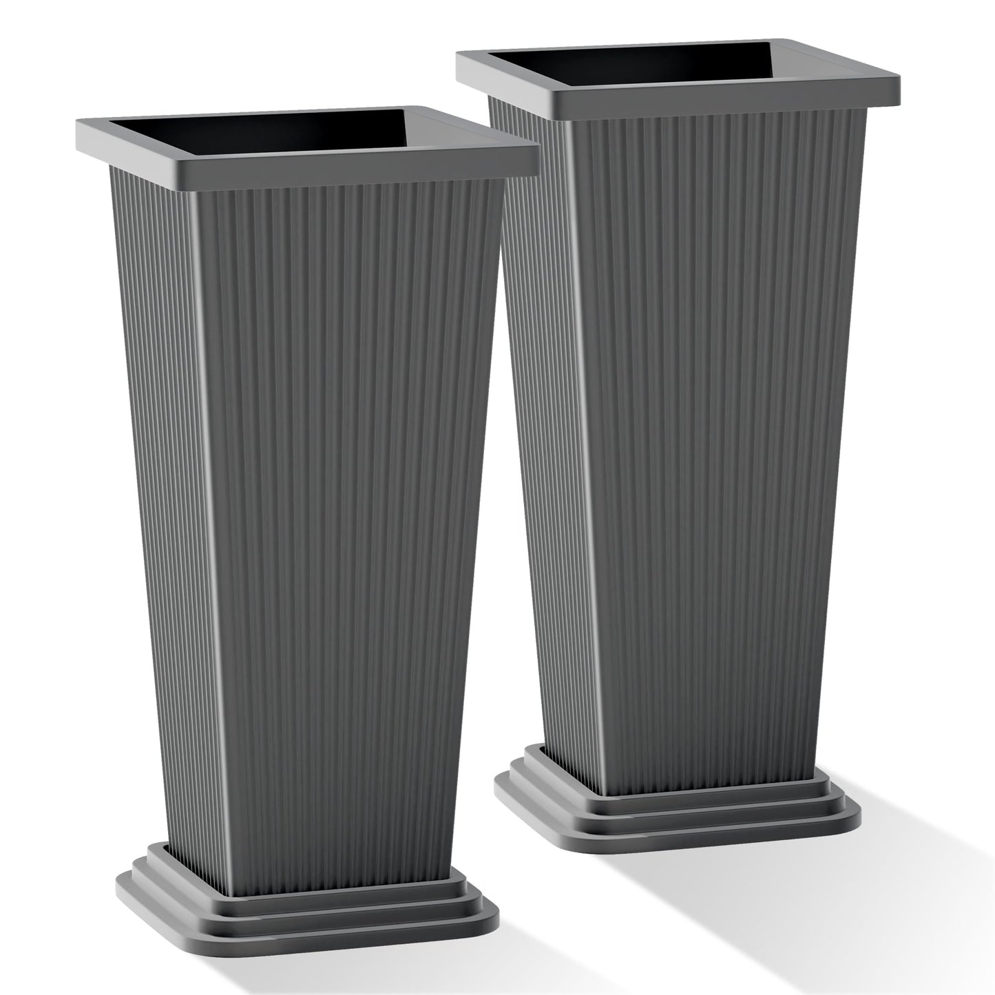 PolarcoForgeco Tall Outdoor Planters Set of 2, Large Flower Pots for Indoor Plants, 24 Inch Large Outdoor Planter for Front Porch, with Drainage Tray (Gray Ribbed)