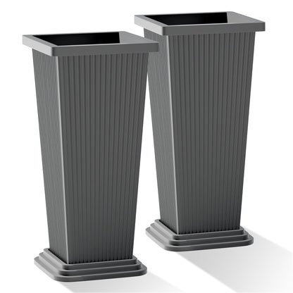 PolarcoForgeco Tall Outdoor Planters Set of 2, Large Flower Pots for Indoor Plants, 24 Inch Large Outdoor Planter for Front Porch, with Drainage Tray (Gray Ribbed)