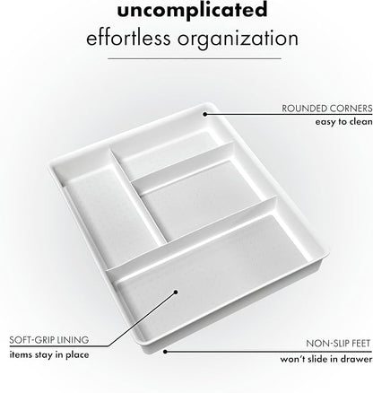 madesmart 4 Compartment Drawer Organizer, Multi Purpose Storage for Utensils, Office Tools, Cords, & Small Household Items, Tech Accessories, Arts & Crafts Supplies, Non Slip Lining, White (Pack of 6)