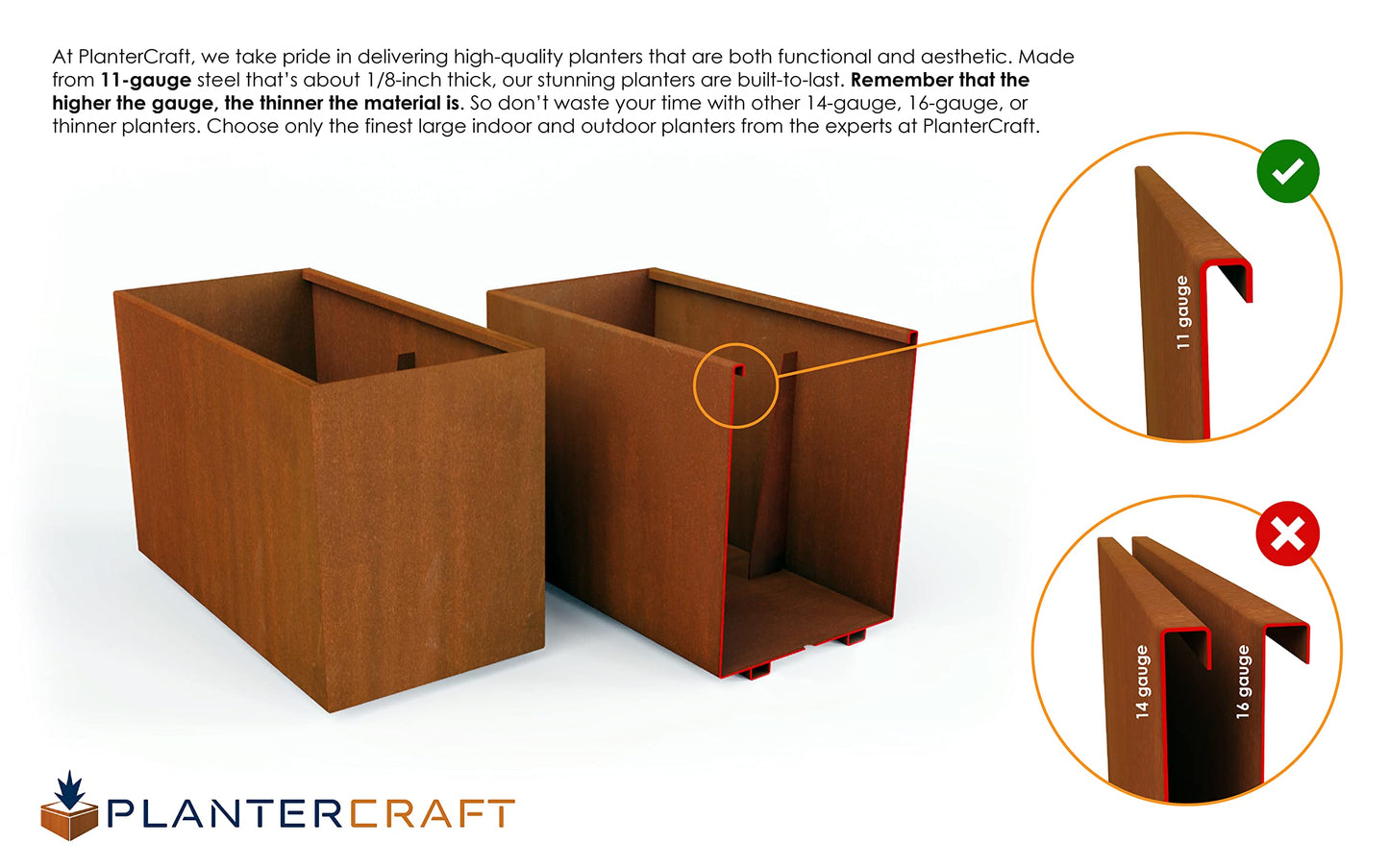 Plantercraft Large Rectangular Planters for Outdoor Plants – 36x12x24 Corten Steel Planter Box | Extra Large Outdoor Planters for Patio Privacy & Deck Decor | Heavy Duty Metal Planter Rectangle