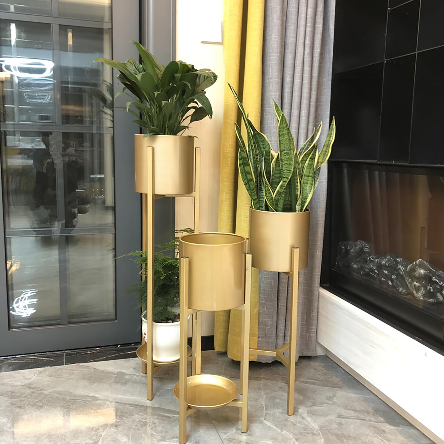 Myyixilau Gold Metal Plant Stand Set, Modern Minimalist Floor Standing Planter Holder with Cylindrical Pot, 3 Piece Indoor Decorative Flower Rack