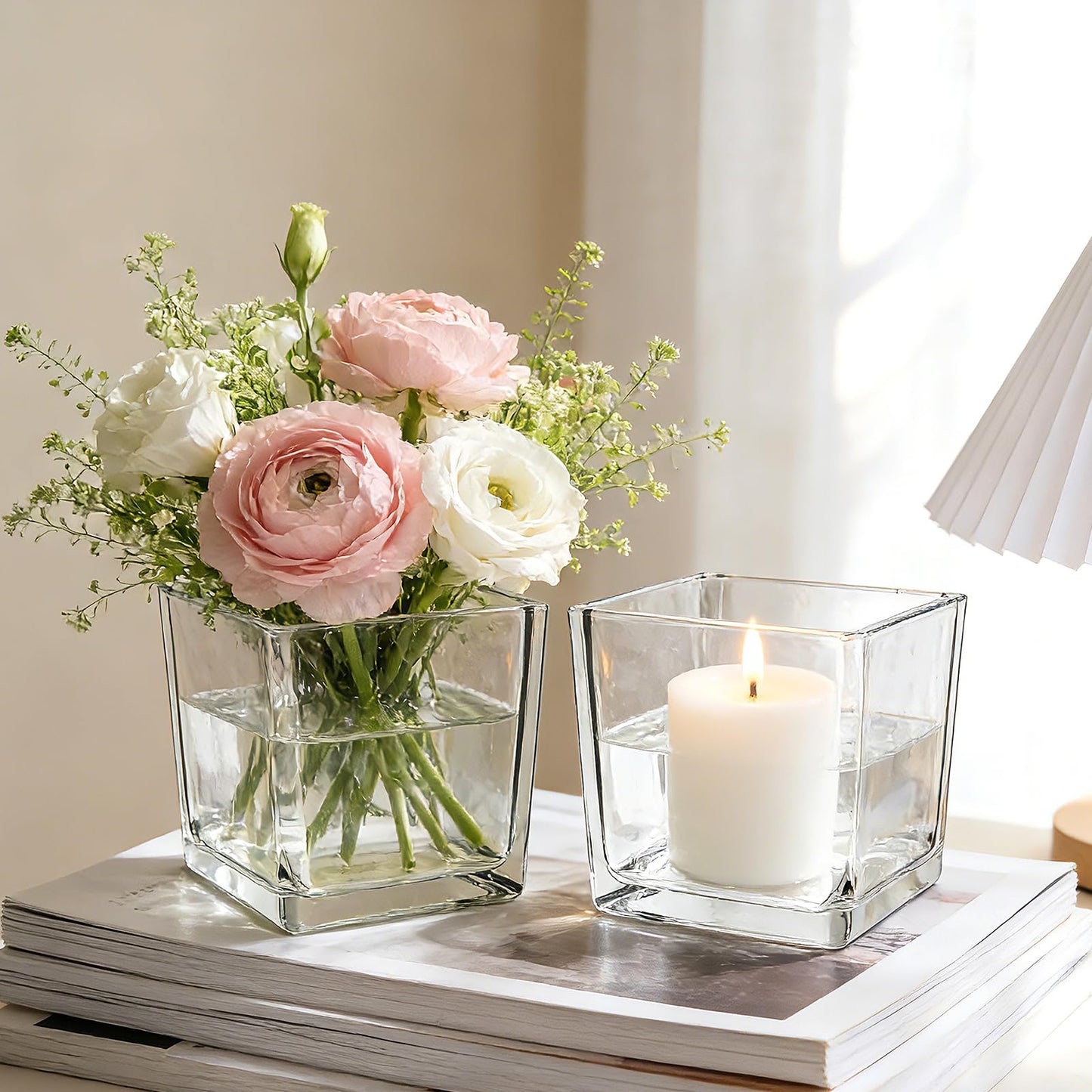 6 Pack Square Glass Vase 4" x 4" x 4", Clear Cube Vases for Centerpieces, Thickened Glass Flower Vases, Plant Terrarium, Floating Candle Holder for Wedding Party, Office/Home Decor, Events