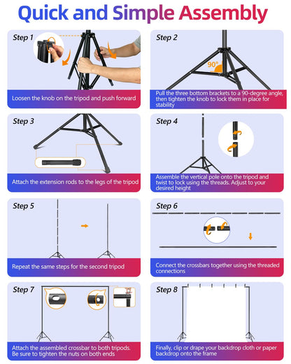 YAYOYA Backdrop Stand 10 x 8 Ft (WxH), Adjustable Photography Background Stand Support Kit with 6 Clamps & Carrying Bag for Photo Studio, Party, Wedding, Decoration, Projector Screen