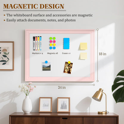 QUEENLINK White Board for Wall, 24'' x 18'' Magnetic Dry Erase Board, Decorative Whiteboard with Pink Wooden Frame, Hanging Writing Board for Home Office School Dorm