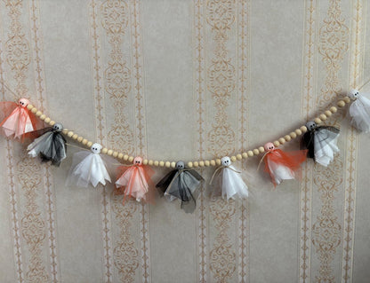 Halloween Garland,Cute Ghost with Wooden Beads Garlands, Handmade Rustic Halloween Banner for Wall Home Indoor Outdoor Home Mantel Decor Supplies, White,Black,Orange (White Black Orange Ghost)