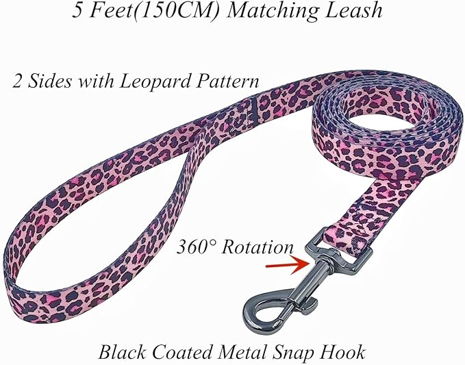 Dog Collar Leash Set, Leopard Pattern, Polyester Material, Adjustable Collar and 5ft Matching Leash, for Large Dogs.(L, Colorful Leopard)