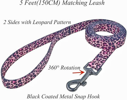Dog Collar Leash Set, Leopard Pattern, Polyester Material, Adjustable Collar and 5ft Matching Leash, for Large Dogs.(L, Colorful Leopard)