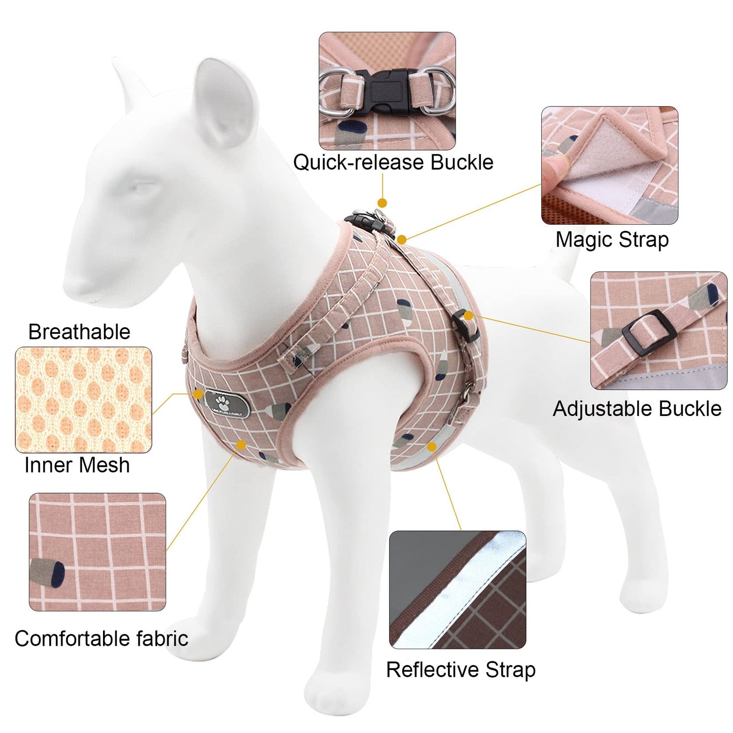 Zunea No Pull Small Dog Harness and Leash Set Adjustable Reflective Step-in Chihuahua Vest Harnesses Mesh Padded Plaid Escape Proof Walking Puppy Jacket for Boy Girl Pet Dogs Cats Pink L