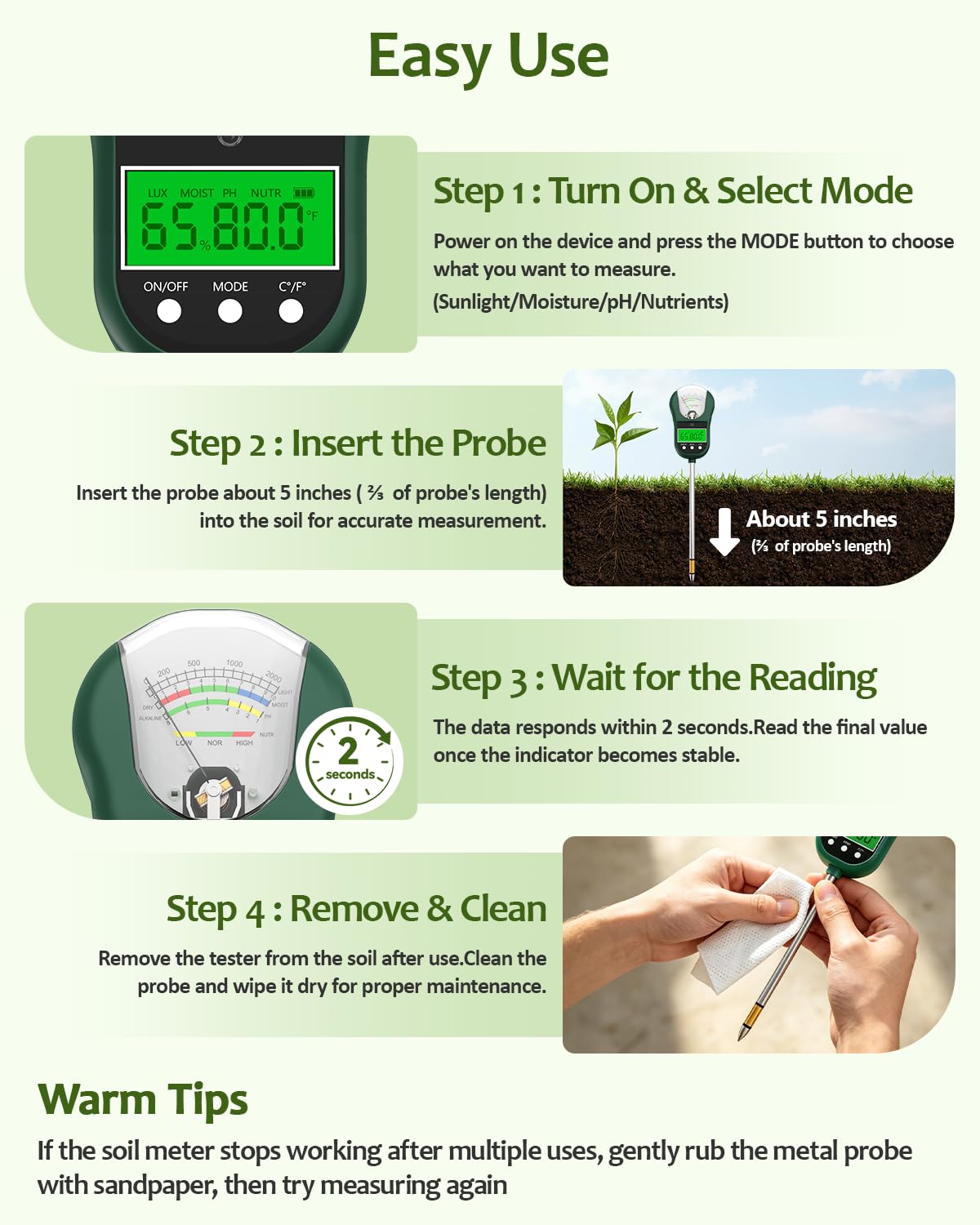 Jxikatx 7-in-1 Soil Test Kit, Soil Moisture Meter/pH Meter/Light Intensity/Fertility/Air & Soil Hygrometer Temperature with Large Dual Display for Garden,Lawn, Farm, Indoor Outdoor Plants-OliveGreen