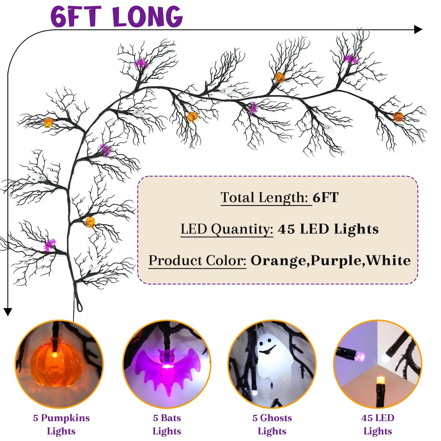Joyhalo Halloween Garland with Lights Decorations with Pumpkin & Bat & Ghost Lights,Battery Operated 6FT 45 LED Halloween Willow Vine Twig Garland for Mantle,Wall,Fireplace and Halloween Decorations