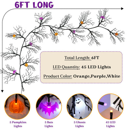 Joyhalo Halloween Garland with Lights Decorations with Pumpkin & Bat & Ghost Lights,Battery Operated 6FT 45 LED Halloween Willow Vine Twig Garland for Mantle,Wall,Fireplace and Halloween Decorations