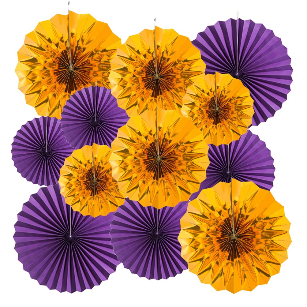 MOWO Purple and Gold Paper Fans Wall Decoration Background Ceiling Hanging Decoration for Halloween Birthday Graduation Theme Party Decoration, 12pc