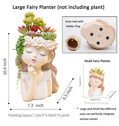 Snowy sunday Large Girl face planters -2pack Cute Big Succulent Pot with Drainage Hole Tall Lady Head Planter Resin Flower Pot Decorative vase for Indoor and Outdoor Plants Gifts for mom/Aunt/Lover