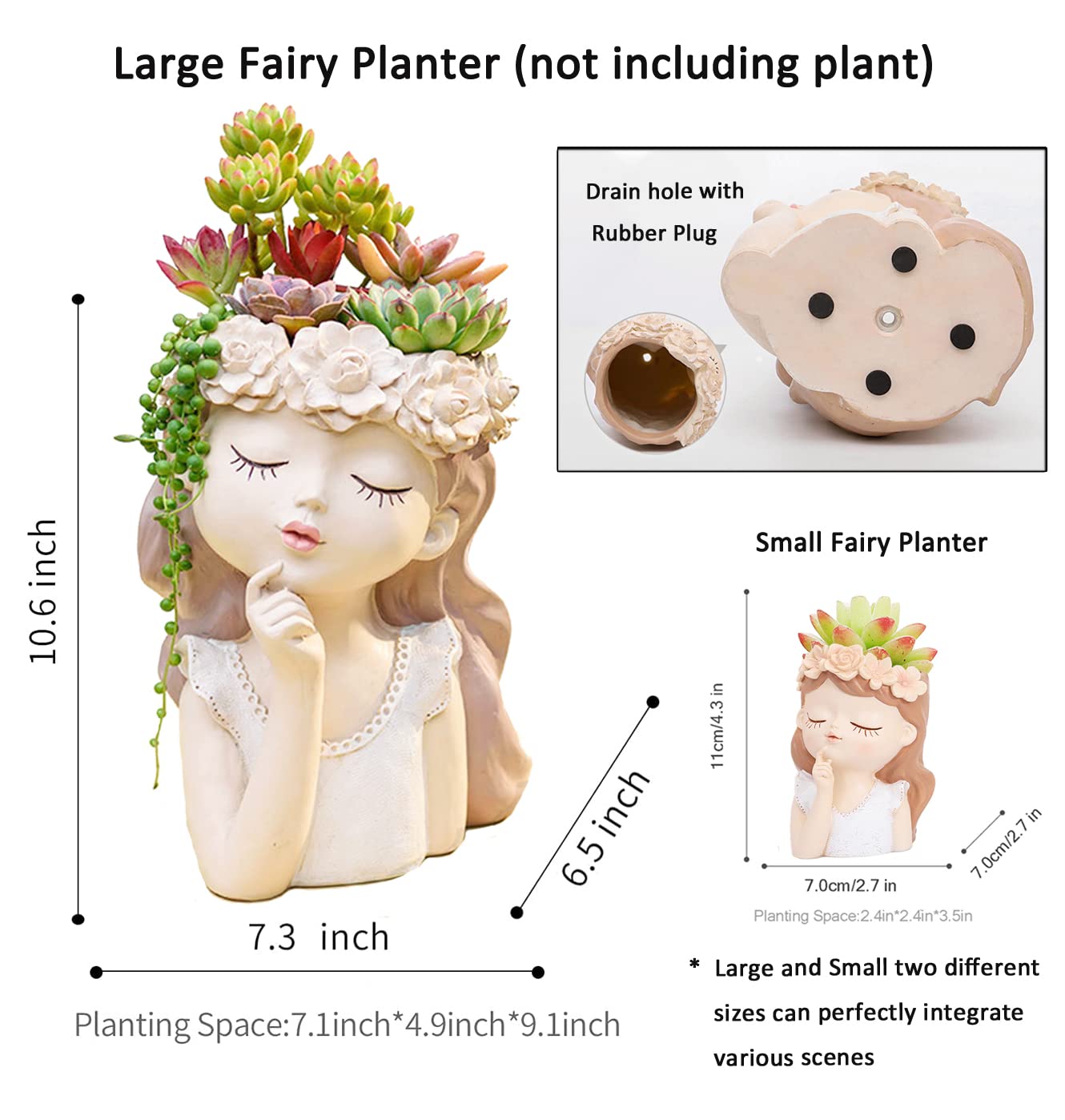 Snowy sunday Girl face planters -Fantasy 2pack Cute Big Succulent Pot with Drainage Hole Tall Lady Head Planter Resin Flower Pot Decorative vase for Indoor/Outdoor Plants Gifts for mom/Aunt/Lover