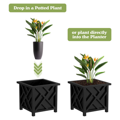 Lattice Design Planter Box 2-Pack – 14.75-Inch Decorative Outdoor Flower or Plant Pots – Front Porch, Patio, and Garden Decor by Pure Garden (Black)