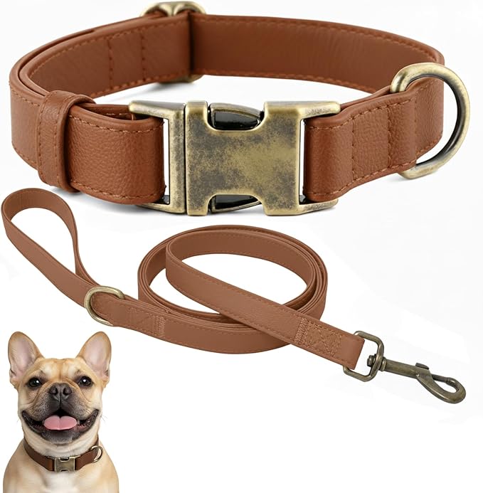 Dog Collar and Leash Set,Leather Silicone Waterproof Odor-Proof Dog Collar and Leash for Small Dogs, Soft Flexible Dog Collars, Durable Thick Adjustable Pet Collar (Brown, Small (11-15.5" Neck))
