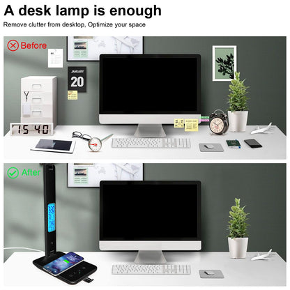 snsok Desk Light with Wireless Charger, USB Charging Port, Dimmable Office Desk Lamp with Clock, Alarm, Date, Temperature, Foldable Lamp for Table Bedroom Bedside Office