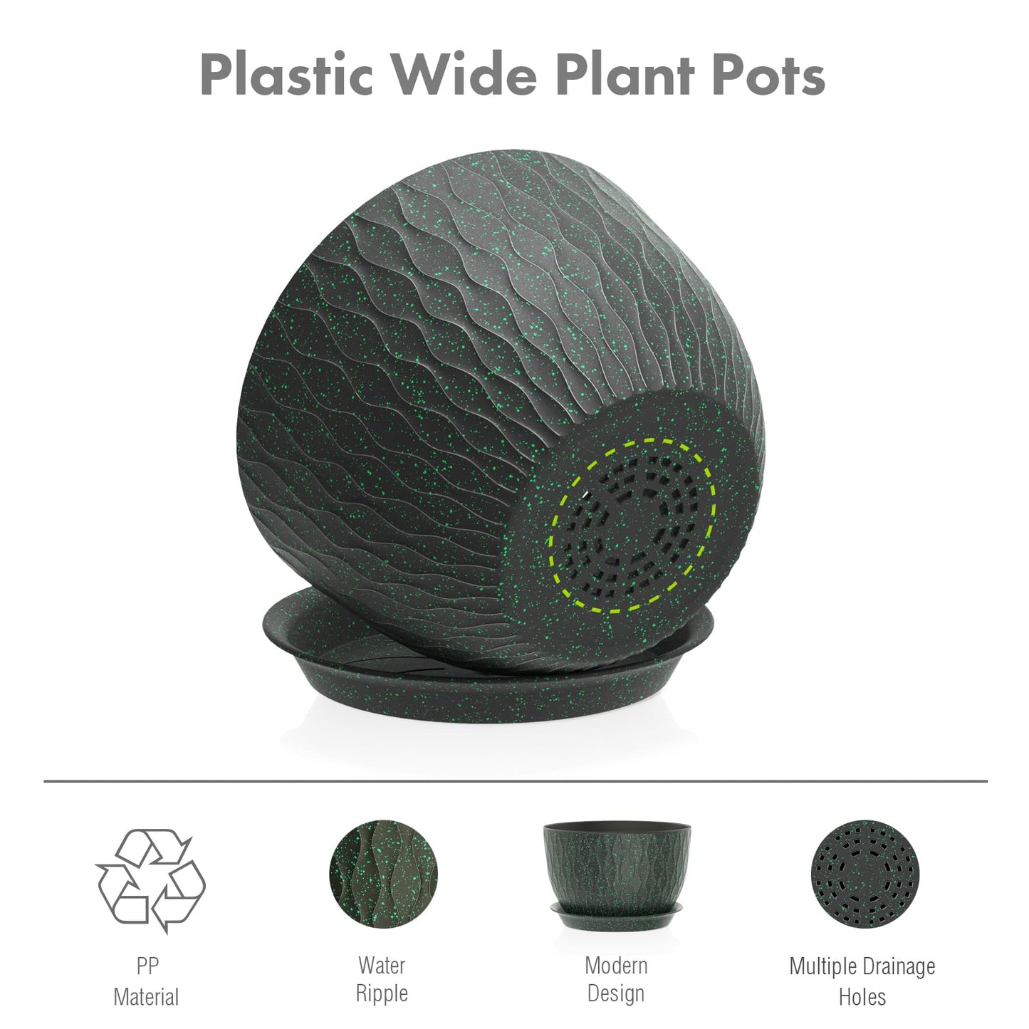 Meowell 12/10/9 inch Large Plant Pots, 3 Pack Wide Flower Pots for Outdoor Indoor Plants, Water Ripples Plastic Planters with Drainage Holes and Saucers for Garden House, Black with Green Speckles