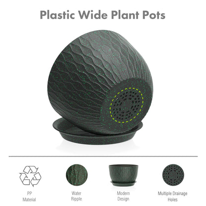 Meowell 12/10/9 inch Large Plant Pots, 3 Pack Wide Flower Pots for Outdoor Indoor Plants, Water Ripples Plastic Planters with Drainage Holes and Saucers for Garden House, Black with Green Speckles