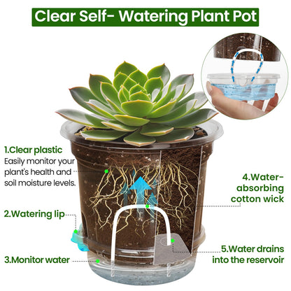 Bluepro 18 Pack 6.5/5/4 Inch Clear Self Watering Plant Pots with Bottom Water Tray & Watering Rope, Transparent Nursery Pots with Drainage for Seedlings, Herbs, and Houseplants